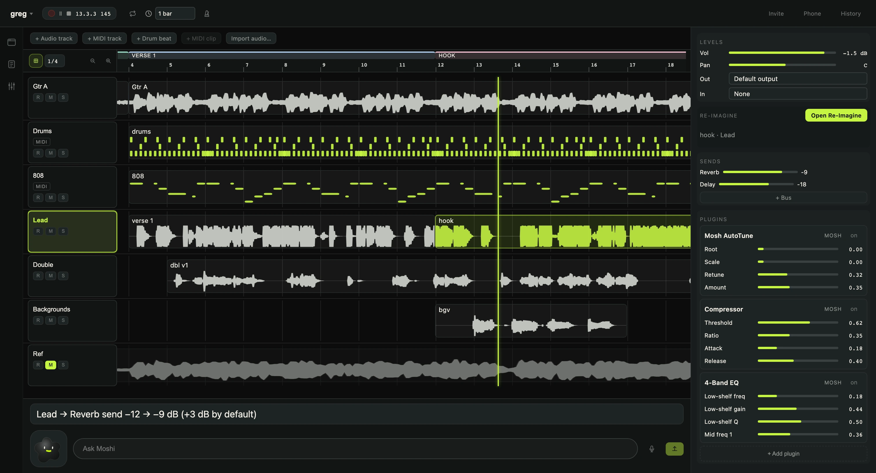 Mosh arrange view on a real session: guitar, drums, 808, lead, double and backing-vocal tracks with the selected lead's sends and plugin chain in the inspector, and Moshi's reply in the Ask Moshi bar